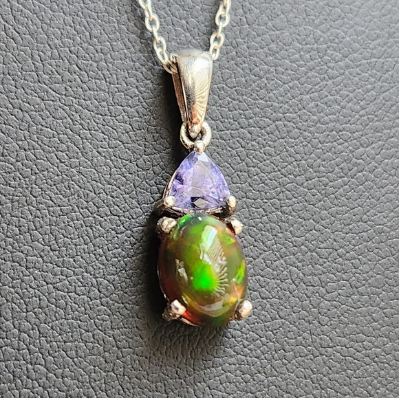 Estate Jewelry - VID! 925 Natural Ethiopian Black Opal & Tanzanite Pendant Charm Necklace, Italy